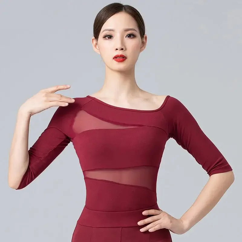 Women Middle Sleeve Latin Dance Tops Jumpsuit Waist Patchwork Ladies Latin Dancingshirt Sexy Tango Chacha Dancing Performamnce