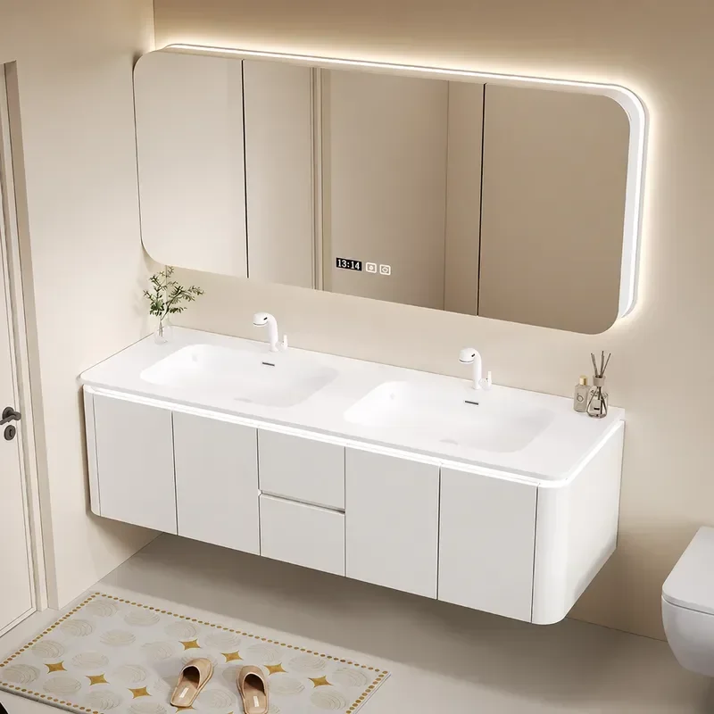 Cream Skin Style Corian Integrated Double Basin Bathroom Cabinet Oak Vanity Unit Wash Table with Sink Storage Combo Modern