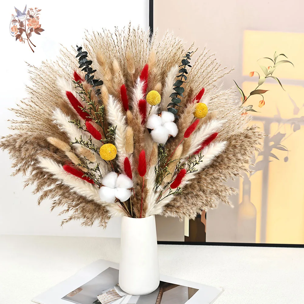 

Natural Dried Fluffy Red Bunny Tails Pampas Grass Preserved Eucalyptus Cotton Flowers Bouquet New Year Home Party Supplies Decor