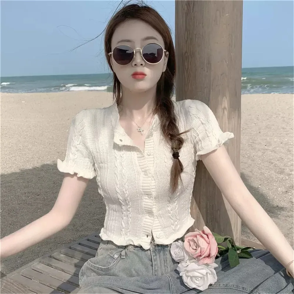 Korean Style Fashion White Cardigan Women Summer Ruffles Striped O-neck Sweet All-match Casual Students Stylish Cropped Tops