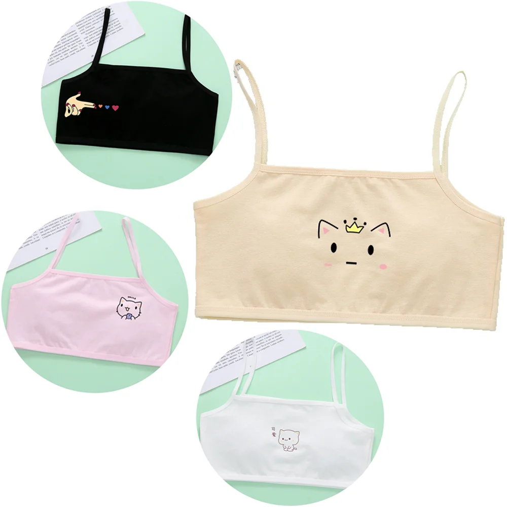 3PCS Girls Training Bras Teenage Cotton Underwear Cartoon Print Bras Thin Vest Developed Kids Sports Bra Lingeries 9-13 Years
