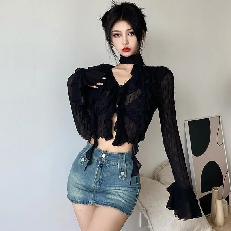 Women Blouses Black V-neck Flare Sleeve Ruffles Sexy Hotsweet Spicy Girls See Through Slim Short Retro Gothic Grunge Summer Chic