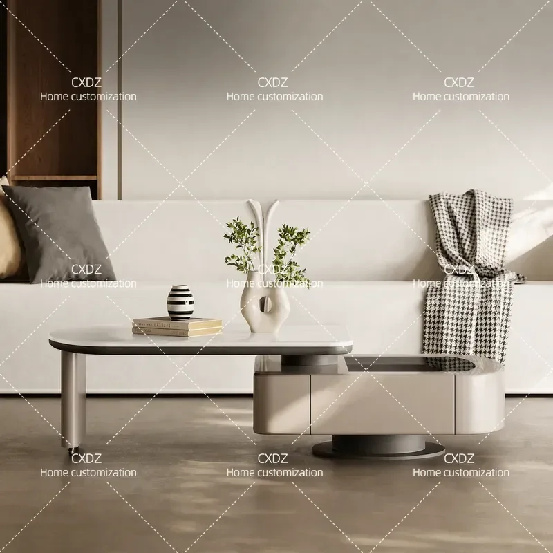Minimalist Rotating Coffee Table Multi-functional Microcrystalline Stone Telescopic Tea Table for Small Apartment Living Room