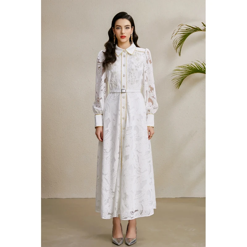 2025 Autumn Lapel Gold-Trimmed Beaded Corsage Wide-Swing Hollow-Out Lace Maxi Dress - European Princess-Style Outfit