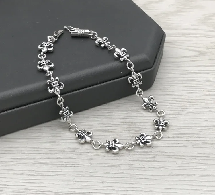 Punk style scout children's flower 925 sterling silver bracelet for men and women trendy Korean version trendy Thai silver popul