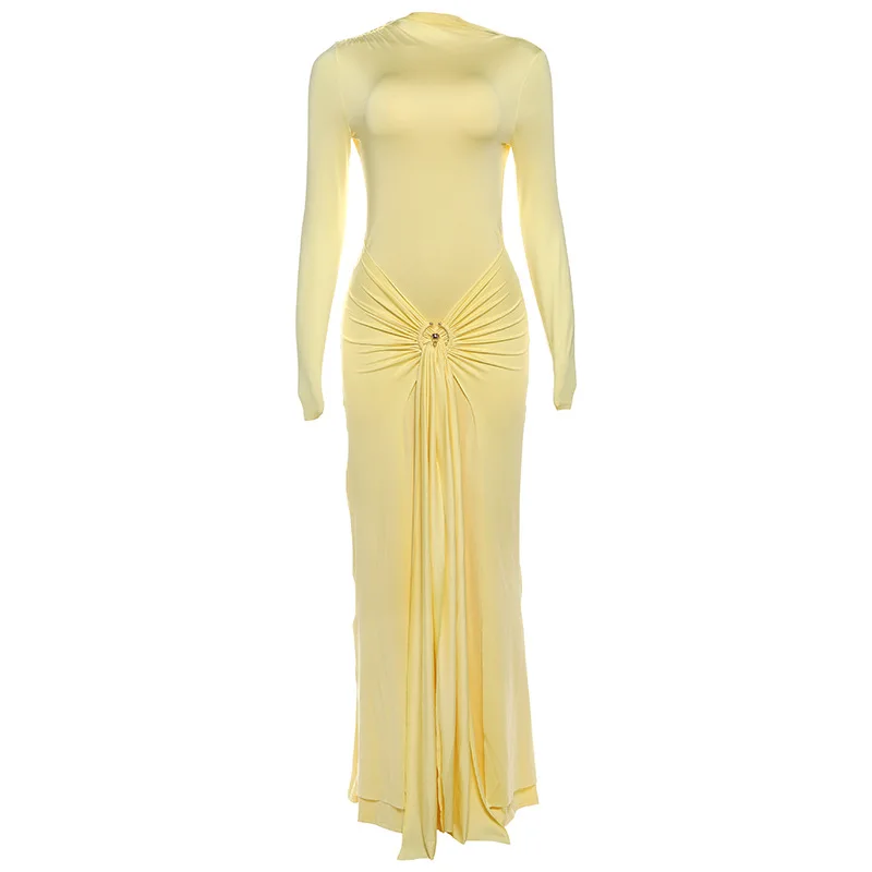 Fmxires à manches longues froncé Sexy robe Maxi femmes robe élégante col rond taille haute boucle en métal moulante Club fête longues robes