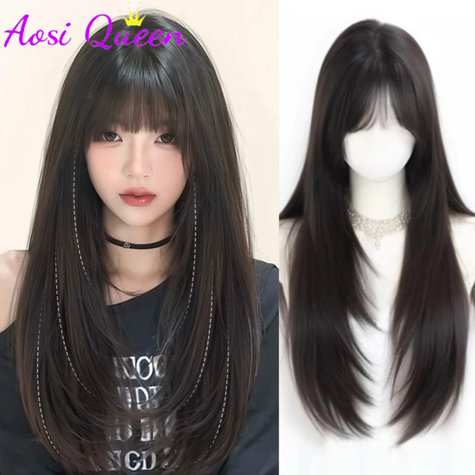 

Long Straight Layered Synthetic Wigs Brown Black Wig with Bangs Cosplay Daily Use Natural Hair Heat Resistant Wig for Women
