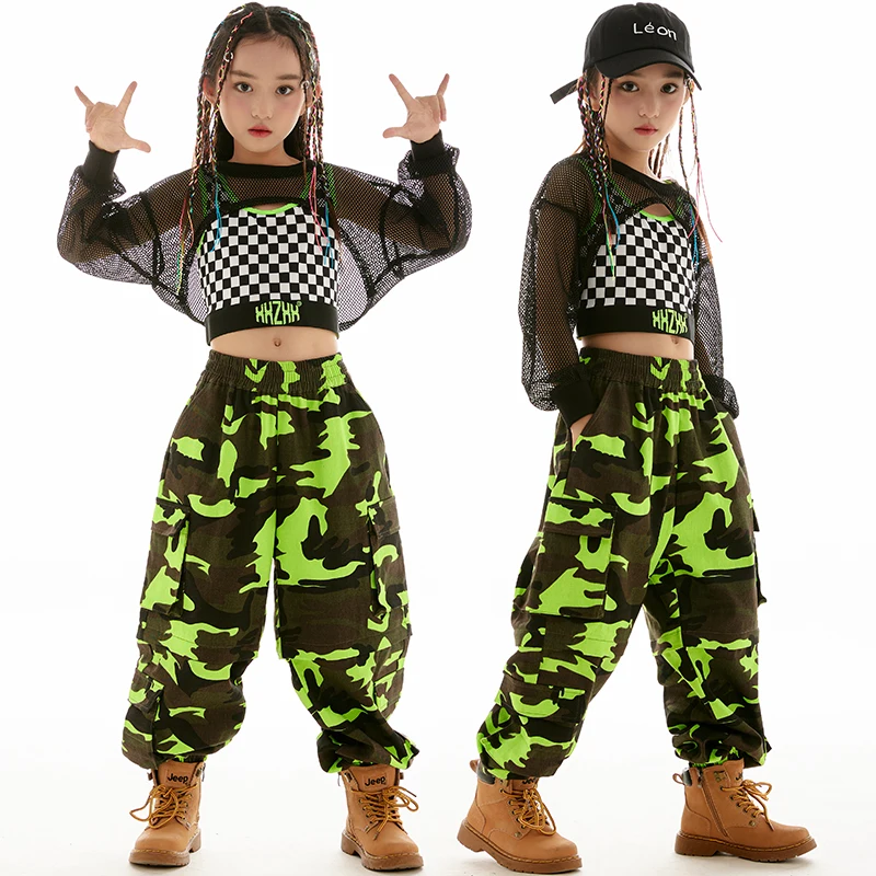 Ropa de baile de Hip Hop para niñas, traje largo de actuación de Jazz, Tops de red negros de manga, pantalones sueltos, traje de moda, nuevo salón de baile