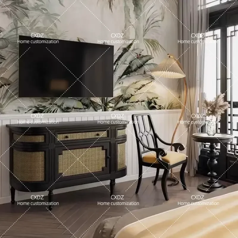Retro Solid Wood Storage Cabinet with Braided Rattan Bucket Design Black Dining Sideboard TV Console Customizable Furniture