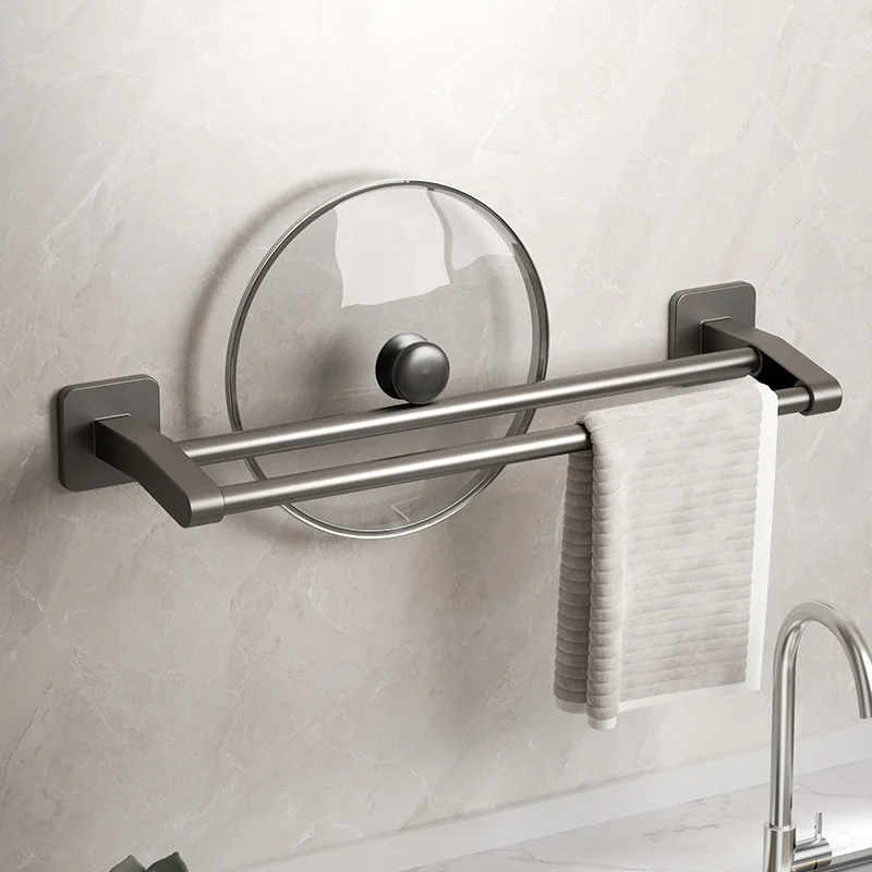 

Bathroom Double Pole Towel Rod Without Punching Markless Patch Towel Rack Bathroom Wall-mounted Gun Grey Towel Rack
