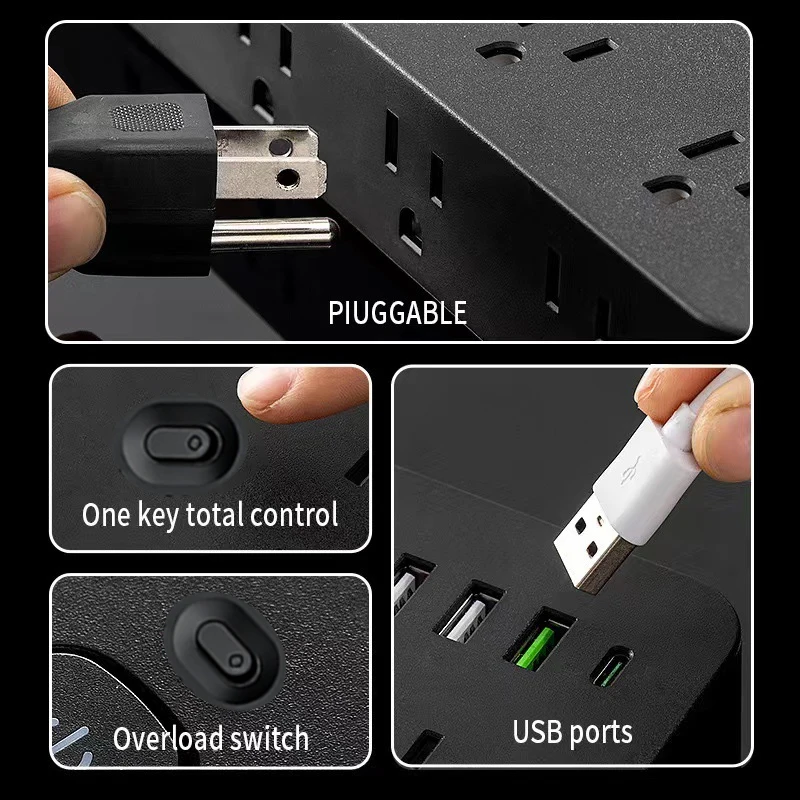 FUNAYA US Power Strip Socket with USB Type-c 16 AC 110~125V Overload Protection Electric Extension 180cm Cable Type-B Outlets
