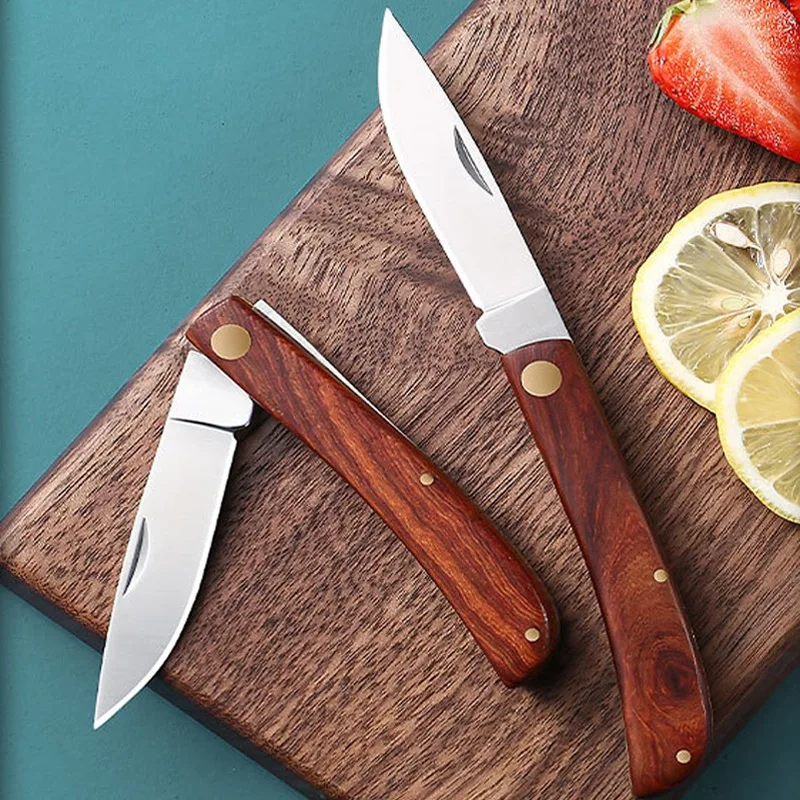 Stainless Steel Cut Fruit Knife Wooden Handle Folding Knife Household Melon Fruit Paring Vegetables Knife Pocket Knife