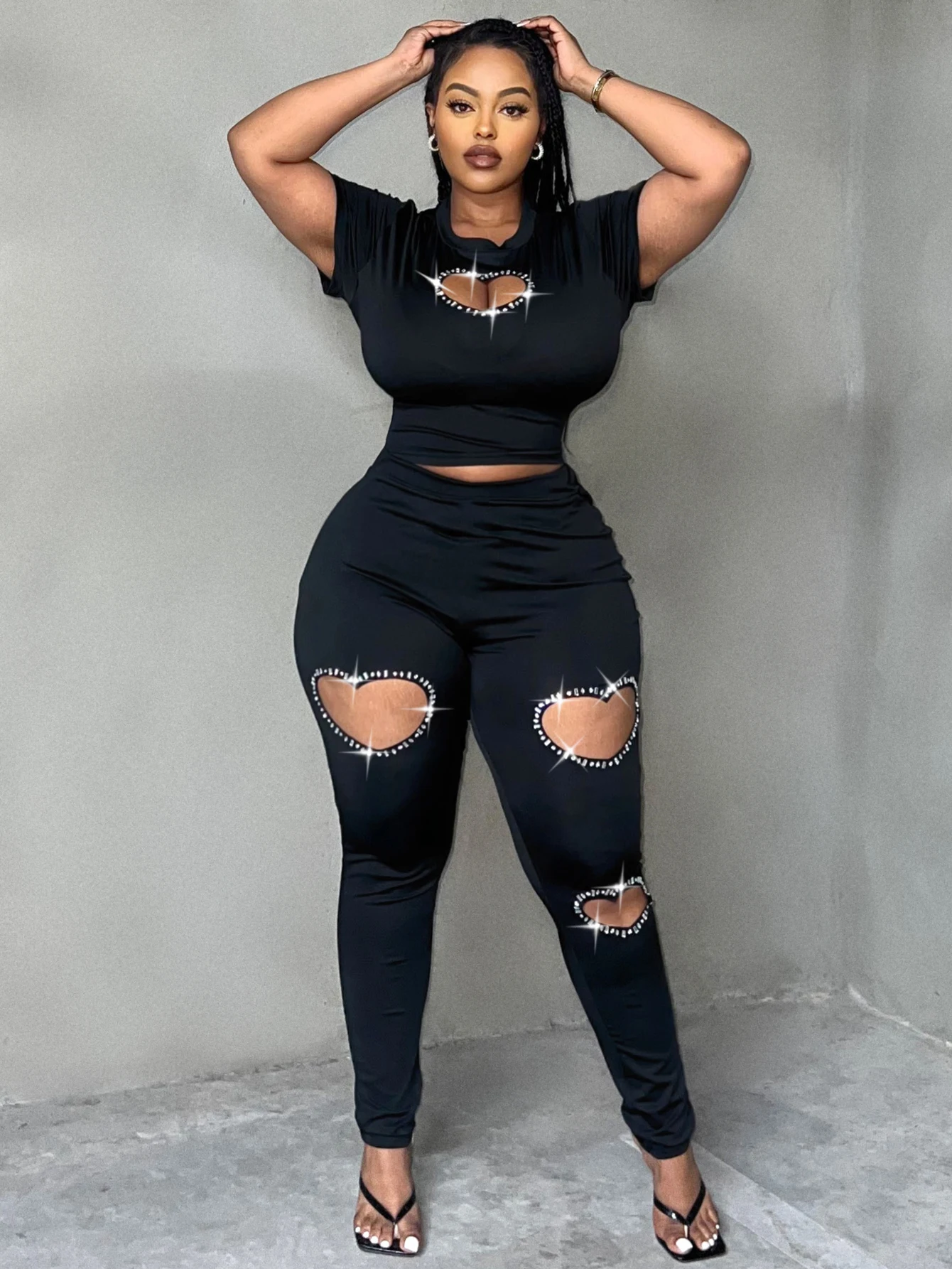 

LW Plus Size Two pieces sets Rhinestone Heart Decor Cut Out Pants Set short sleeve T-shirt + pants sets black women's matching