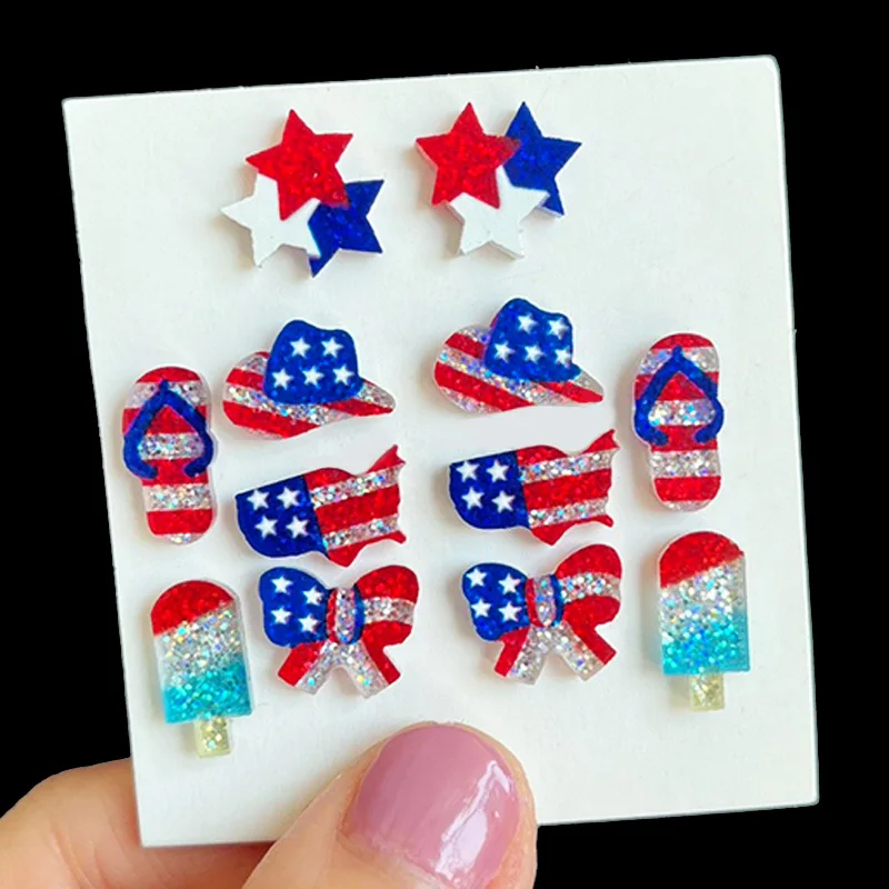 10 Pairs Glitter Acrylic Red Blue White Stripes Star Heart Independence Day Stud Earrings Women July 4th. Jewelry Wholesale