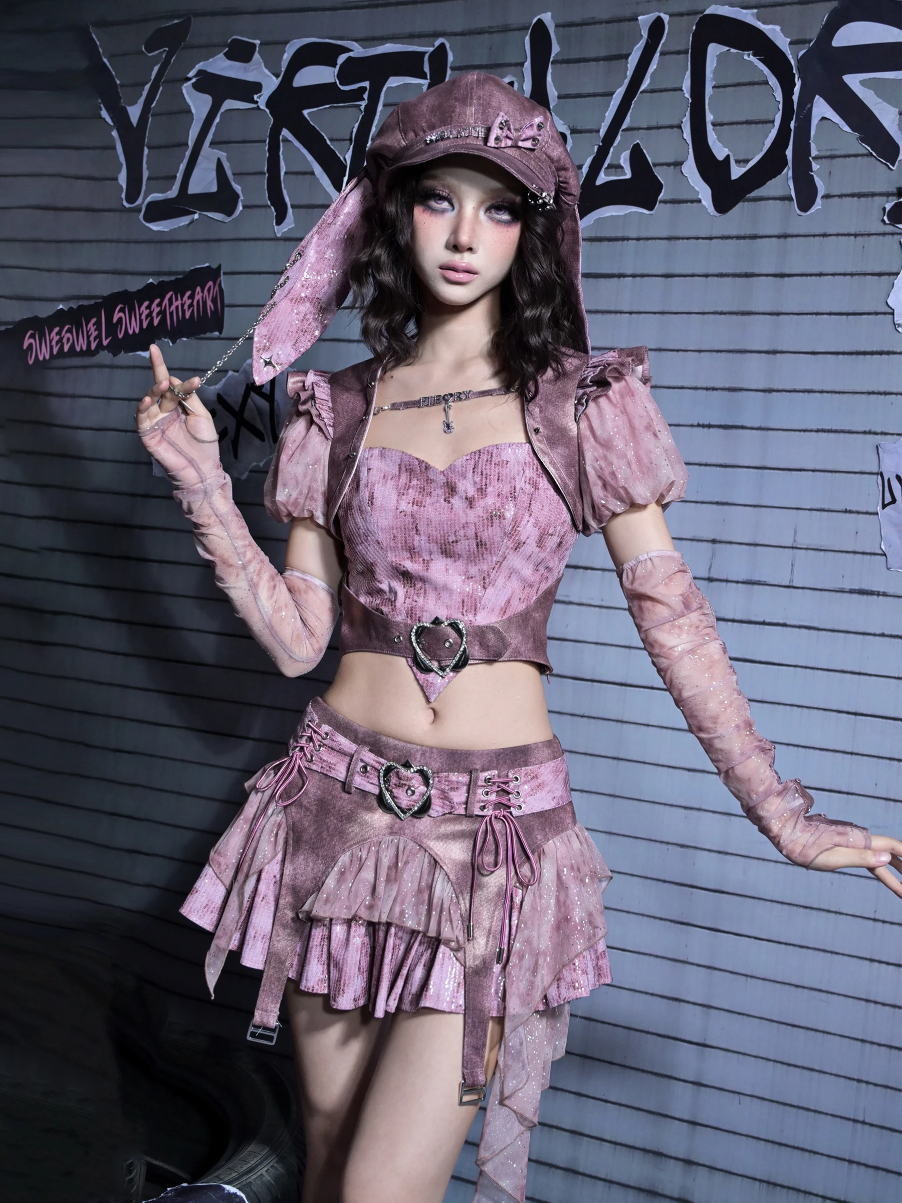 Original Design Y2k Hot Girls Punk Sequins Denim A-line Lace-up Low Waist Mini Skirt Purple Kawaii Cute Party Skirt