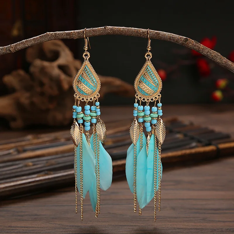 Boho Lange Feder Baumeln frauen Ohrringe Strand Lange Quaste Perlen Handgemachte Blume Emaille Ohrringe Braut Hochzeit Pendientes Mujer
