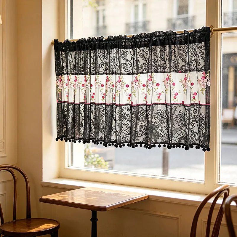 1pc French Black Feather Lace Spliced Cafe Curtain, Pink Orange Floral Mesh Embroidered Half Curtain with Pom Pom Tassel