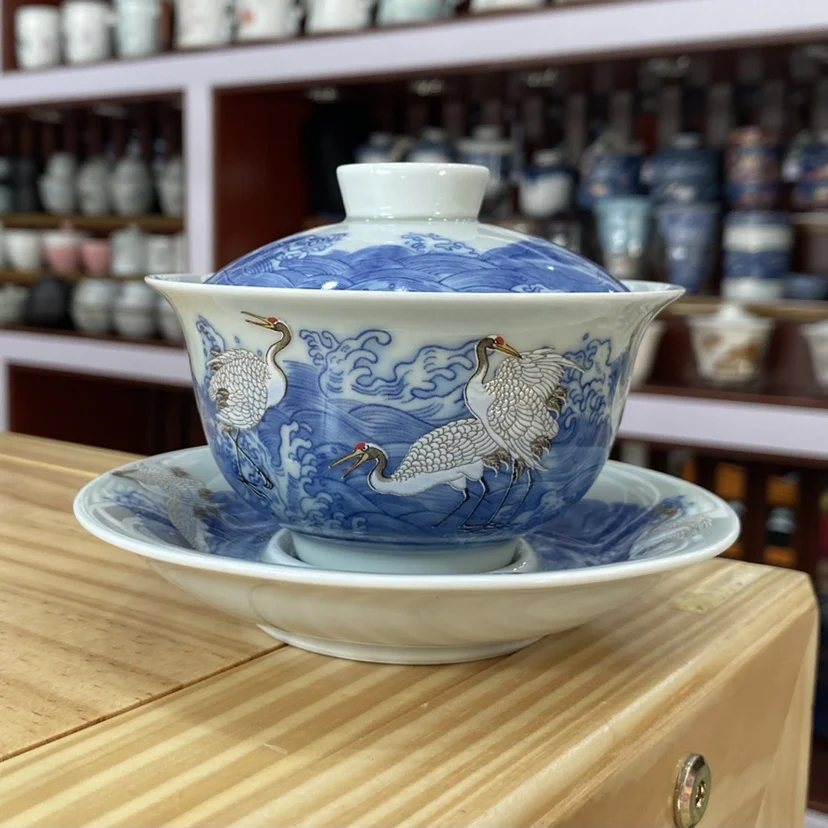 Handmade Jingdezhen Antique Mud White Crane Cover Teacup Ceramic Large Single Tea Making Device Household Three-Talent Bowl