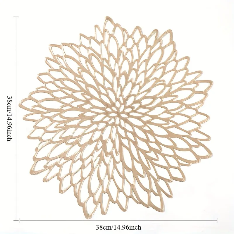 10Pcs Vintage Golden Openwork Placemats PVC Elegant Round Leaf Gold Foil Placemats Hibiscus Flower Placemat Dining Table Decor