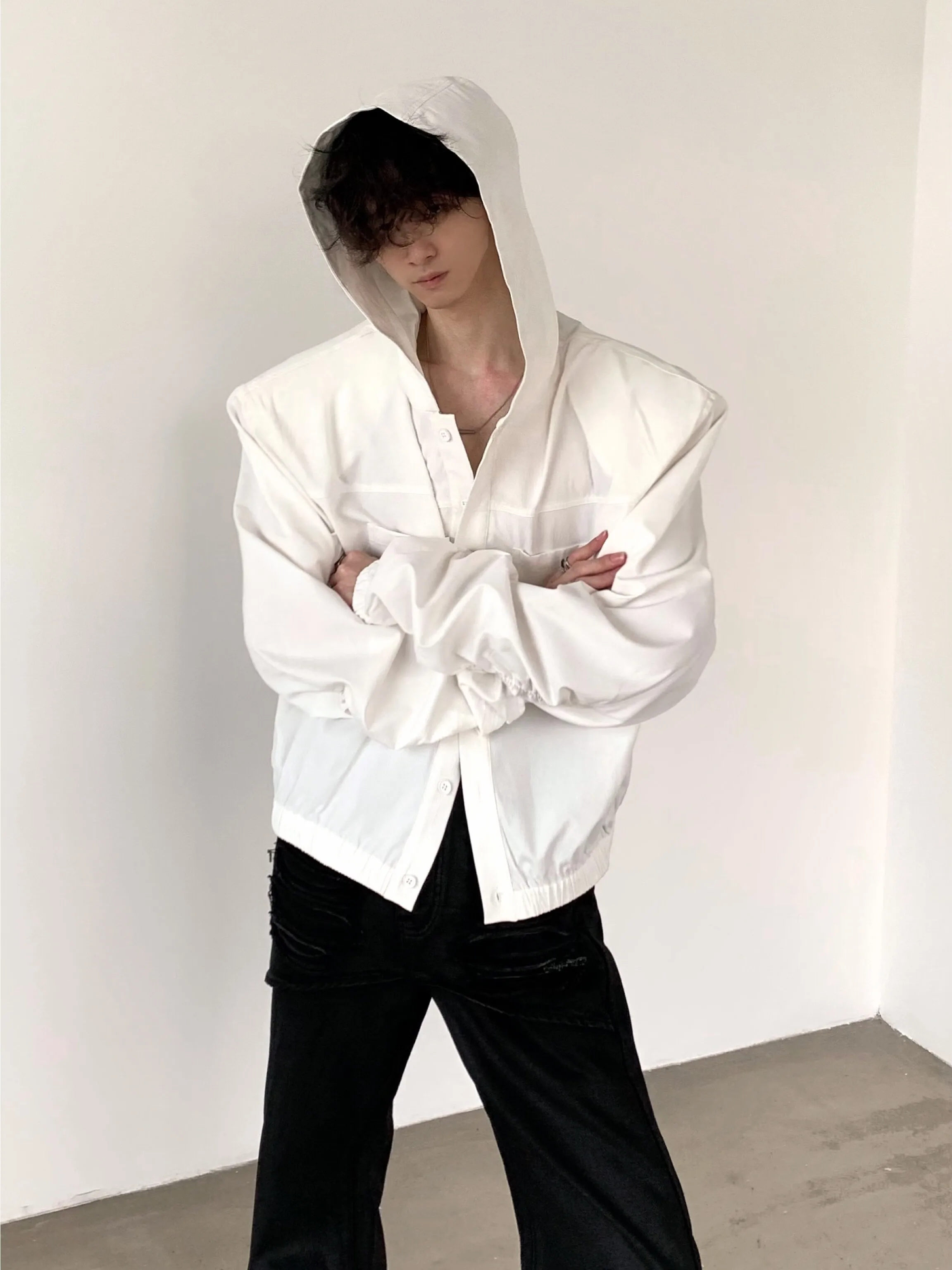 Black Pad Shoulder Drawstring Design Loose Men's Shirt Short Trendy Hooded Casual Breathable Long Sleeve American Style