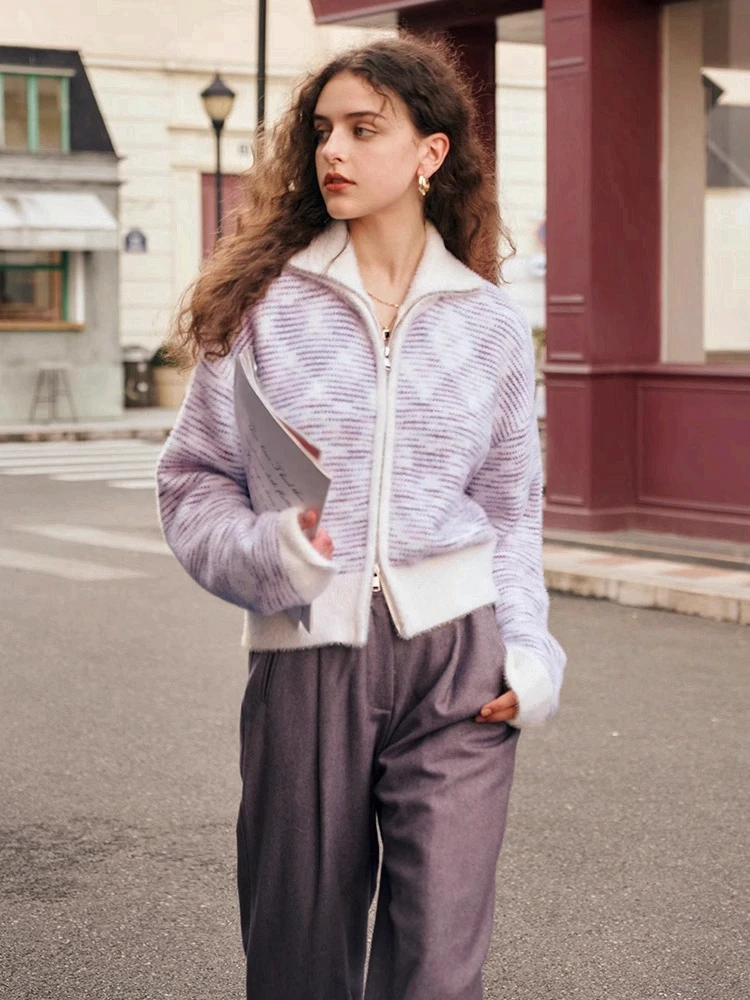 

OLrain Fashion Stripe Cardigan Women's Autumn 2025 New Zipper Loose Coat Commute Turn-down Collar Female Clothing O23DM86196