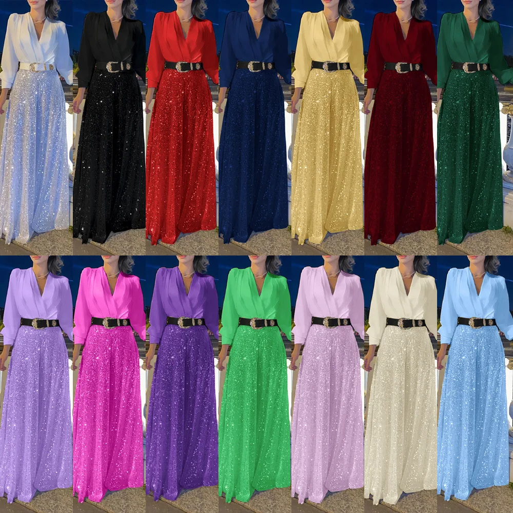 Dress Women's Spring And Autumn V-neck Long-sleeved Shirt Temperament Elegant Waist Sequined French Wide-leg Pants
