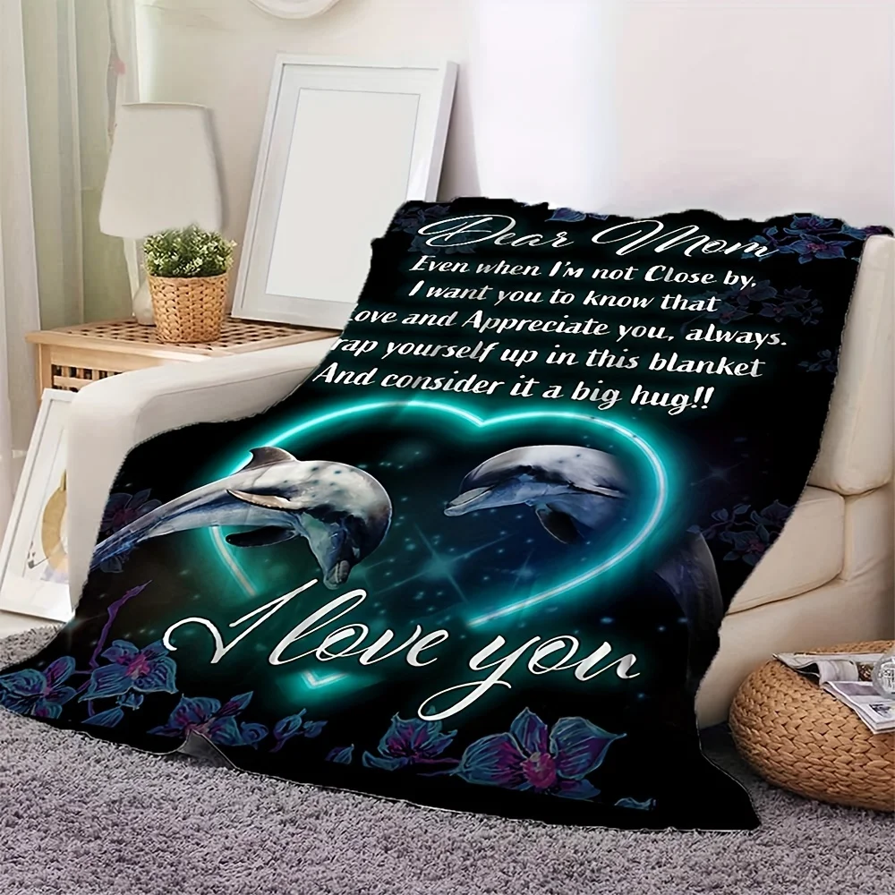 1pc Dolphin Printed Flannel Blanket, To My Mom Envelope Blanket, Warm Cozy Soft Throw Blanket Nap Blanket For Couch Bed Sofa Cam