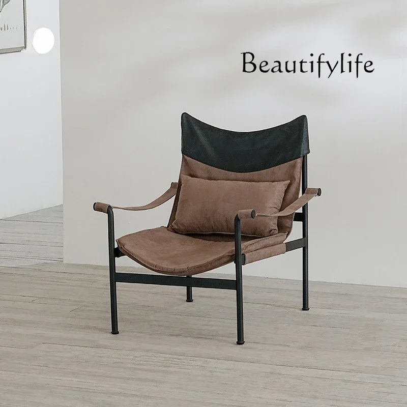

R Retro And Old Brown Matte Leather Director Chair Turned Fur Casual Wabi Sabi Designer Single Sofa Chair