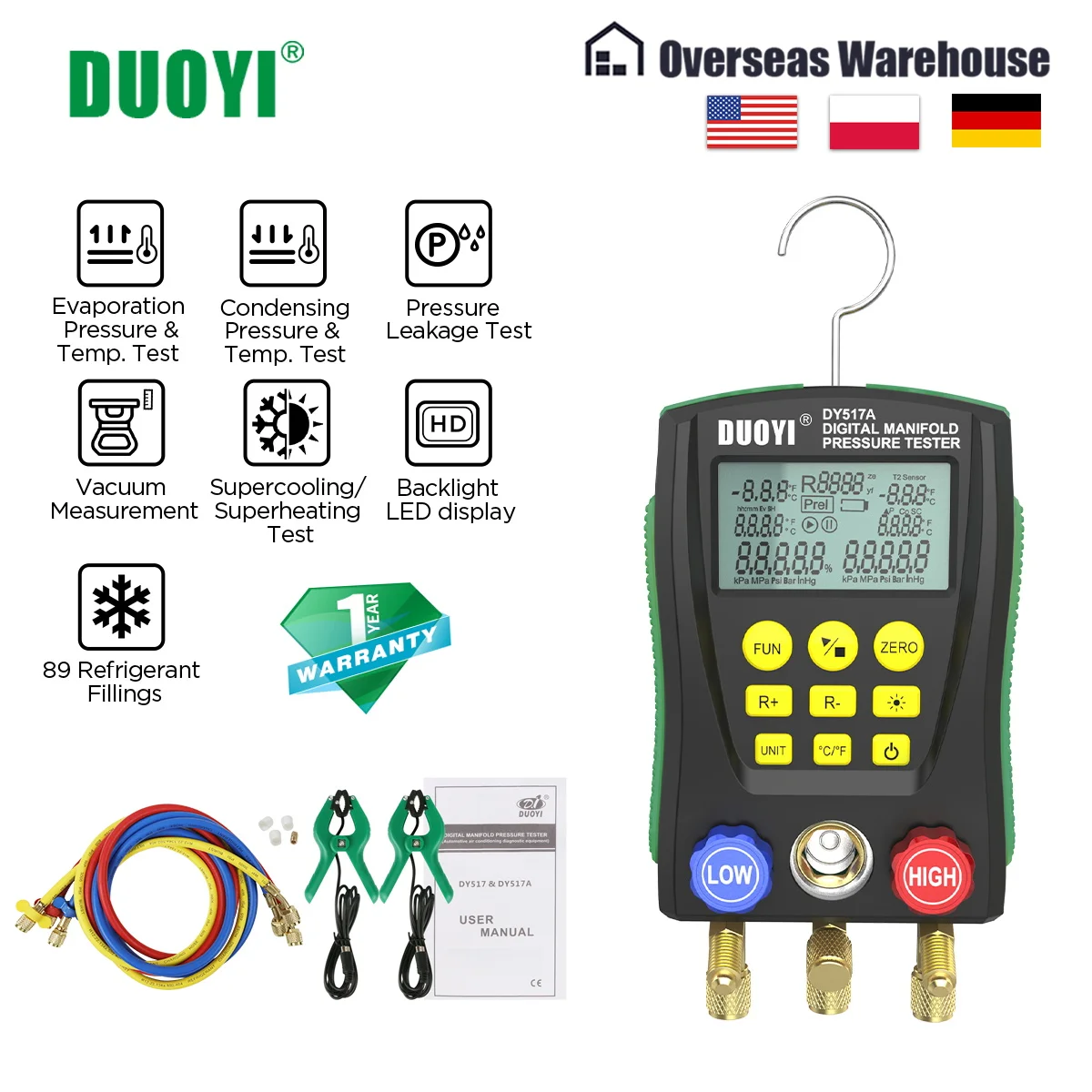 

DUOYI DY517A Refrigeration Digital Manifold Gauge Meter with Test Clip and Pipe HVAC Vacuum Pressure Temperature Tester Kit