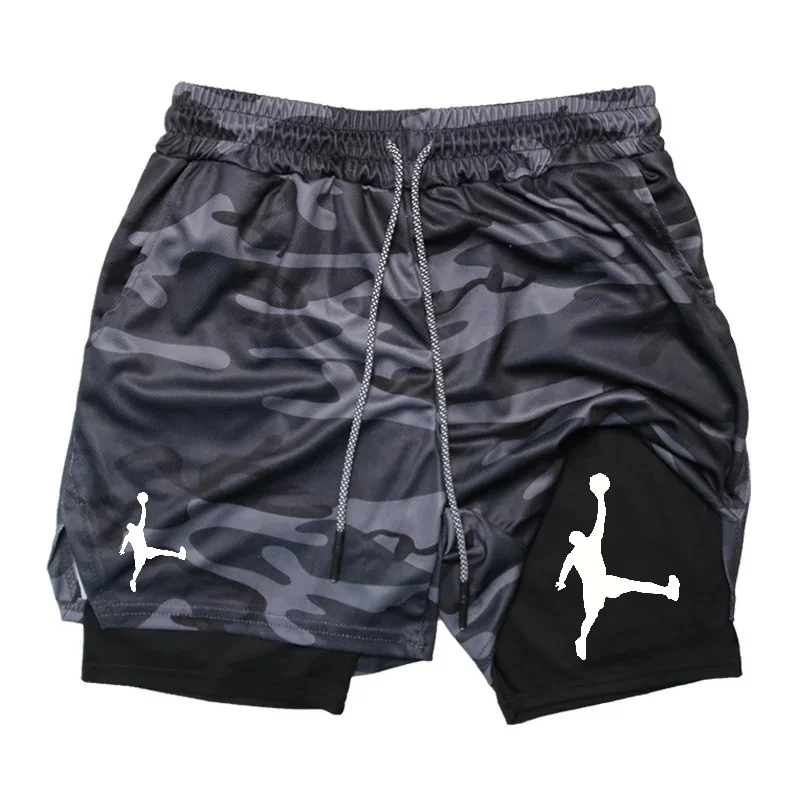 

Men Quick Dry Camo Workout Shorts 2-in-1 Compression Liner Phone Pocket Towel Loop Elastic Drawstring Waist Sport Short Pants