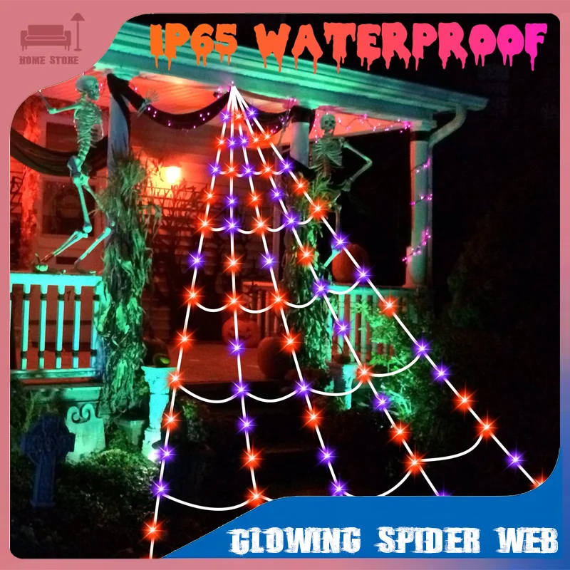 

Luminous Spider Web Lights Halloween Outdoor Decorations LED Waterproof Cobweb Net Hanging Light 8 Lighting Modes with Remote