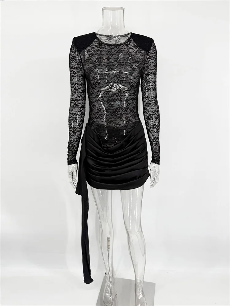 Tossy verano transparente estampado Mini vestido para mujer plisado Patchwork manga larga elegante vestido de fiesta vestido de encaje femenino 2026