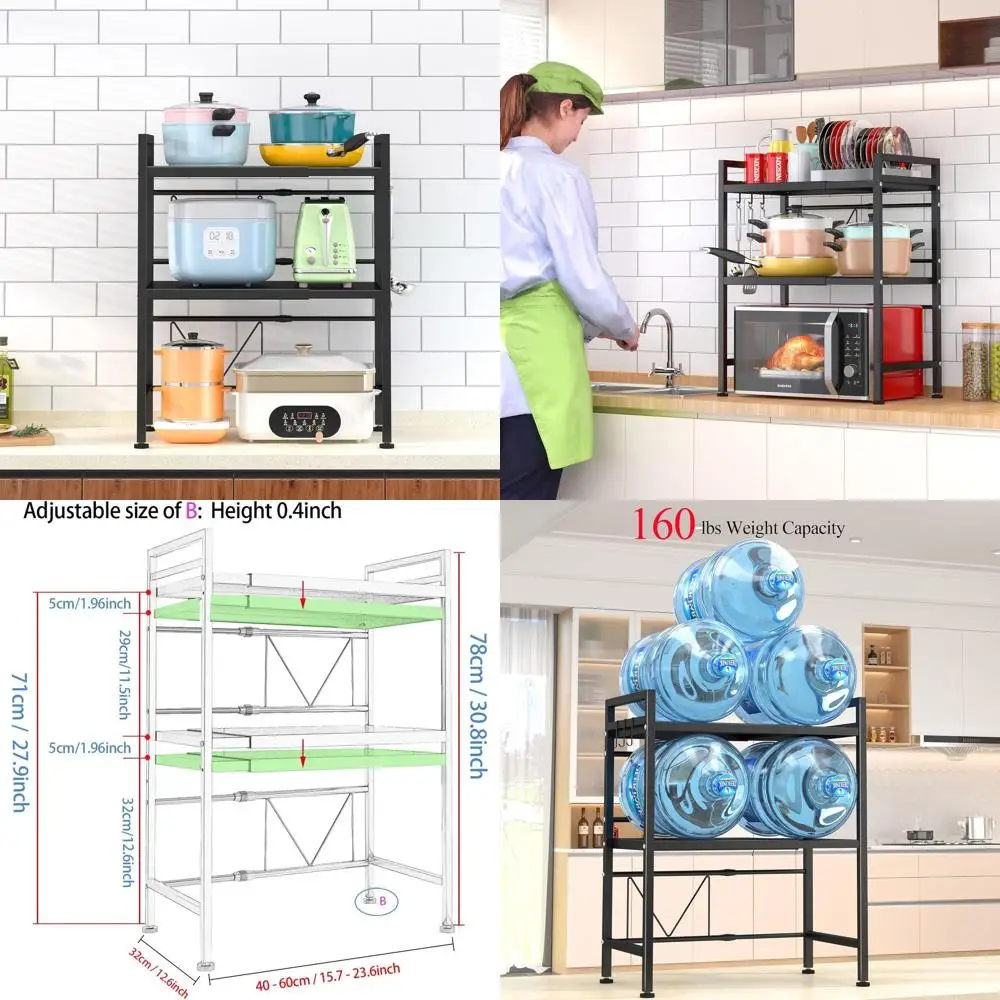

Sturdy 3-Tier Adjustable Microwave Oven Rack with Hooks, 160lbs Capacity, Kitchen Organizer in Black