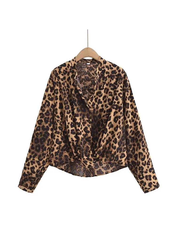 Long-sleeved V-neck leopard print shirt for women, autumn loose temperament chiffon sunscreen shirt, unique and exquisite top