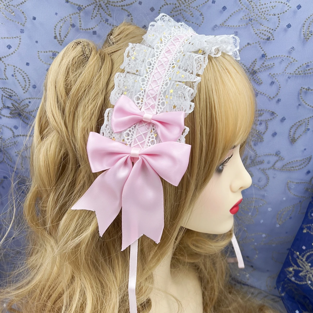 Sweet Star Embroidery Lace Ribbon Lolita Ruffled Headband Bow Hairband with Hairpins Anime Maid Cosplay Headdress