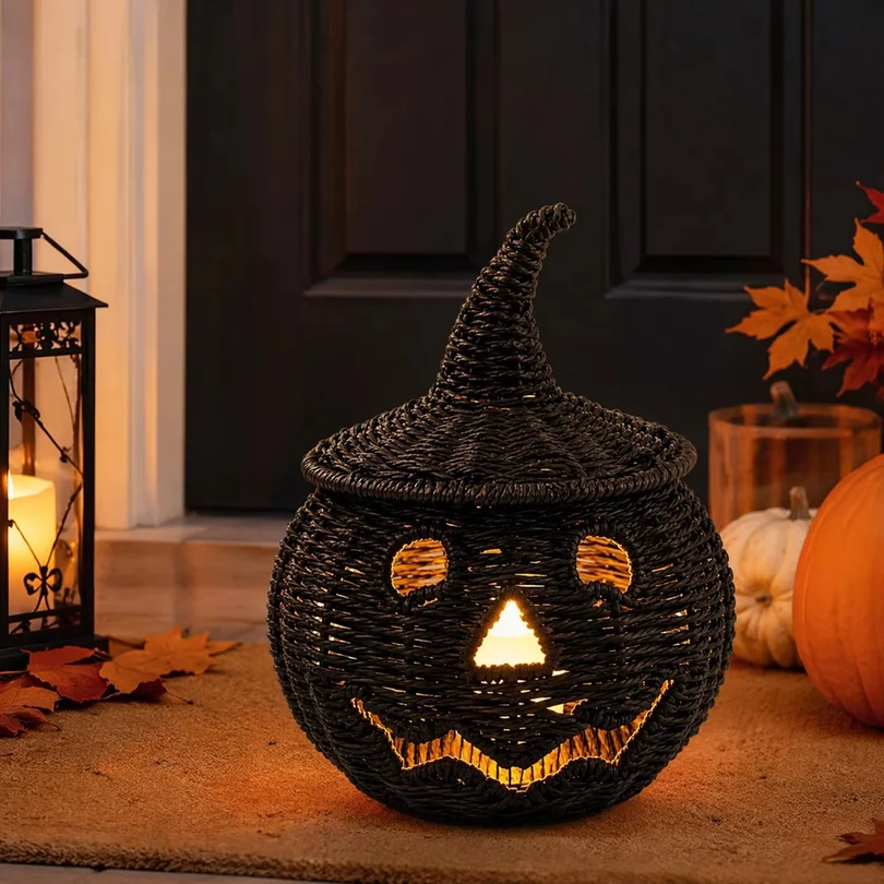 Black Handwoven Pumpkin Basket Candy Basket for Snacks Storage Rattan Halloween Decor
