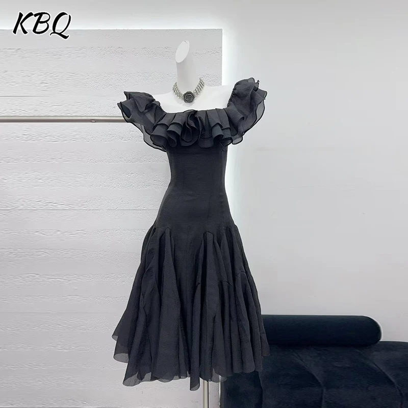 

KBQ Solid Elegant Slimming Spliced Ruffles Dresses for Women Square Collar Fly Sleeveless High Waist Temperament Dress Female
