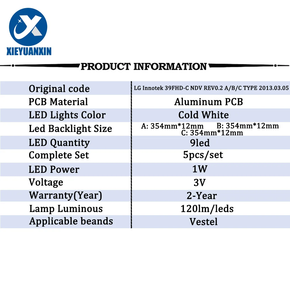 5pcs/set 3V1W 354 mm tv backlight led strip for Vestel 39inch 39FHD-CNOV LC-39LD145K LIG Innotek 39FHD-C NDV REV0.2 A B C TYPE