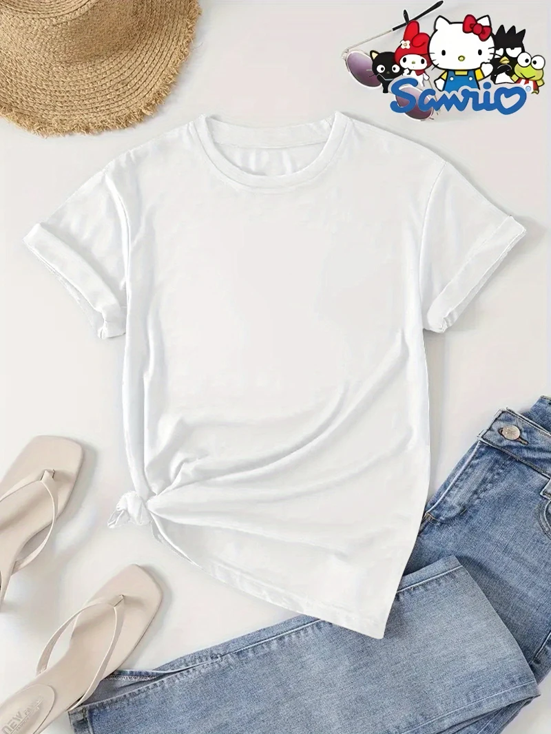 Sanrio Women's Cute Melody Rabbit Anime Printed Cotton Comfortable Loose Fashion T-shirt Short Sleeve Round Neck Casual Top