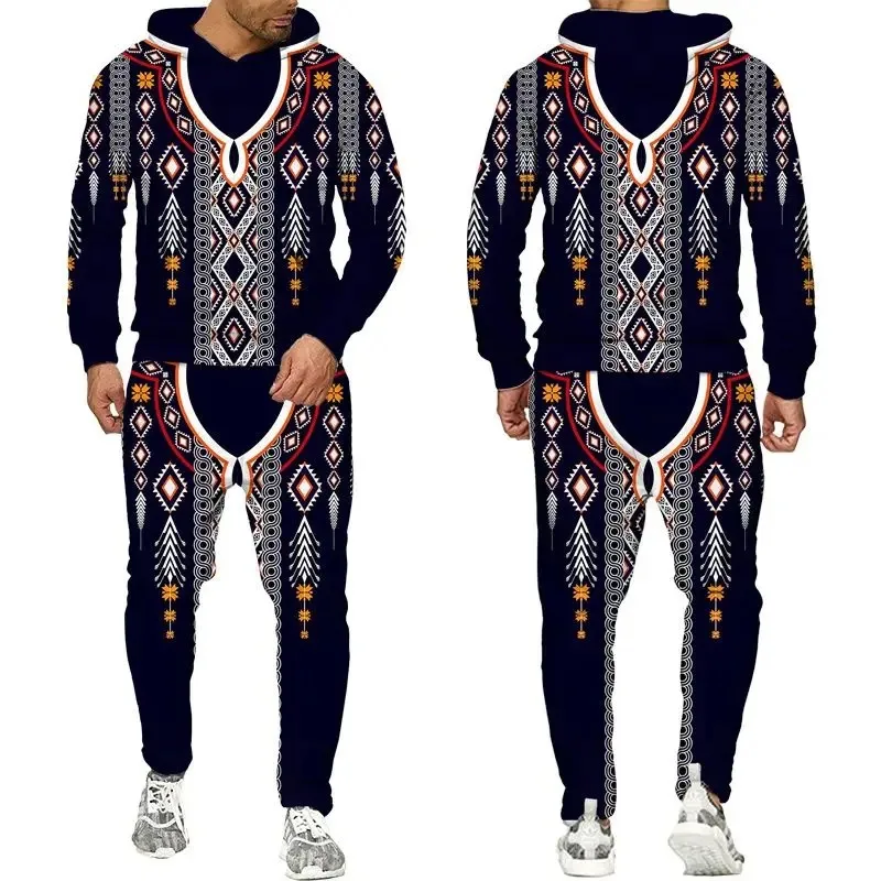 2025 الخريف العرقية نمط هوديي السراويل 2 قطعة مجموعة ثلاثية الأبعاد ملابس رياضية مطبوعة مجموعة الشارع ملابس رجالية كبيرة #1