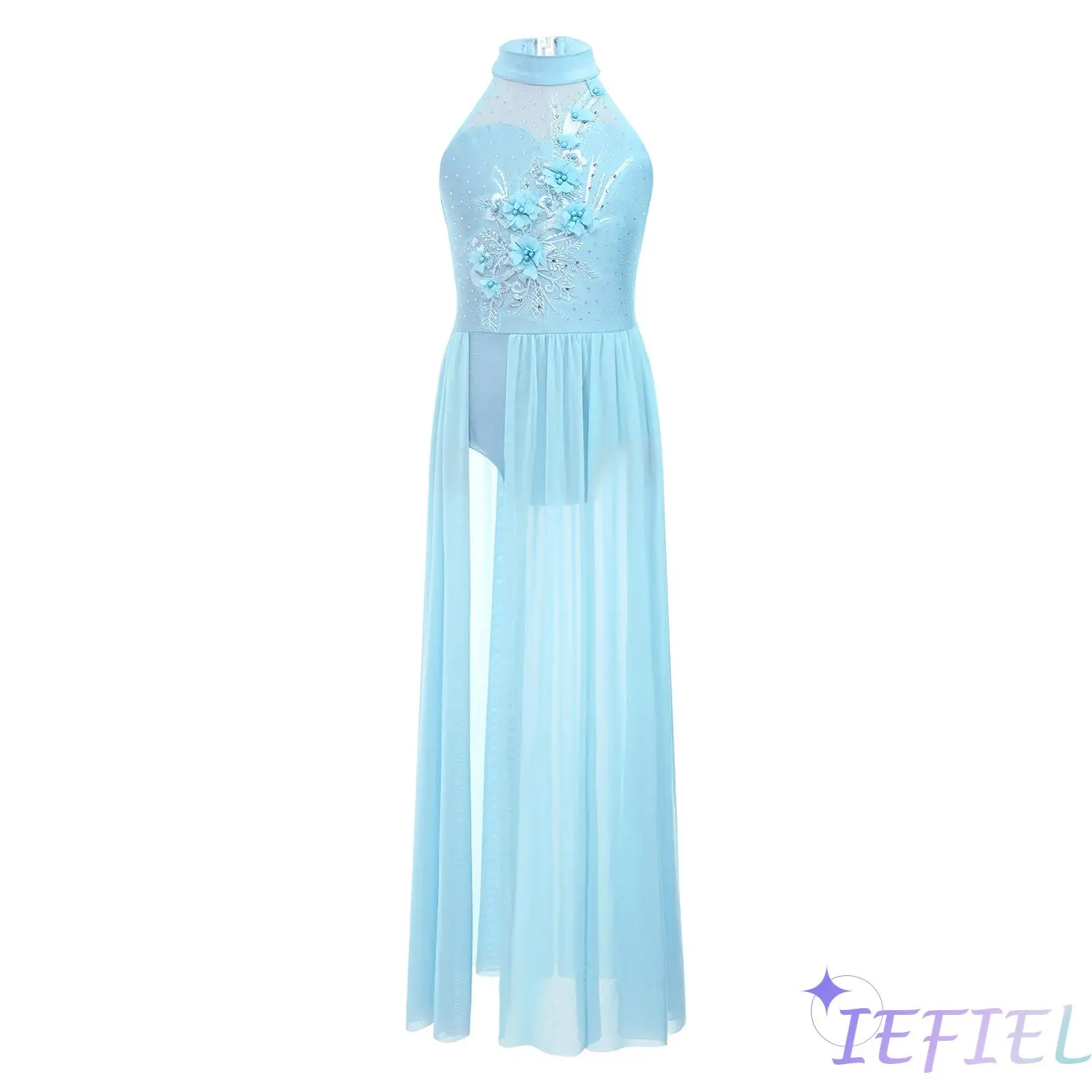 Sleeveless Keyhole Back Applique Ballet Dance Leotards Dress for Kids Girls Mesh Split Lyrical Dance Maxi Dresses Dancewear
