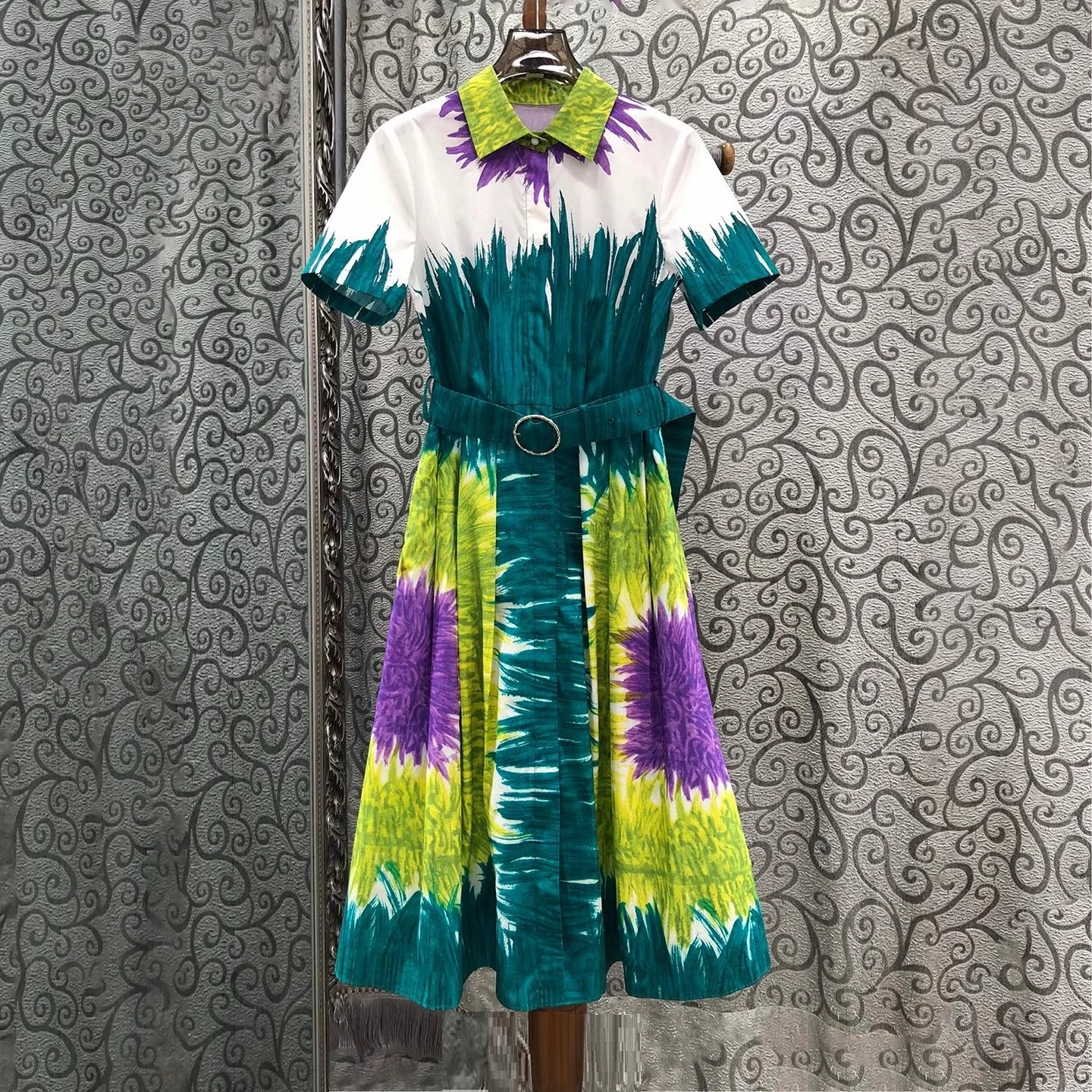 

100%Cotton Dress 2025 Summer Designer Fashion Women Turn-down Collar Colorful Ink Painting Prints Belt Deco Short Sleeve Dress