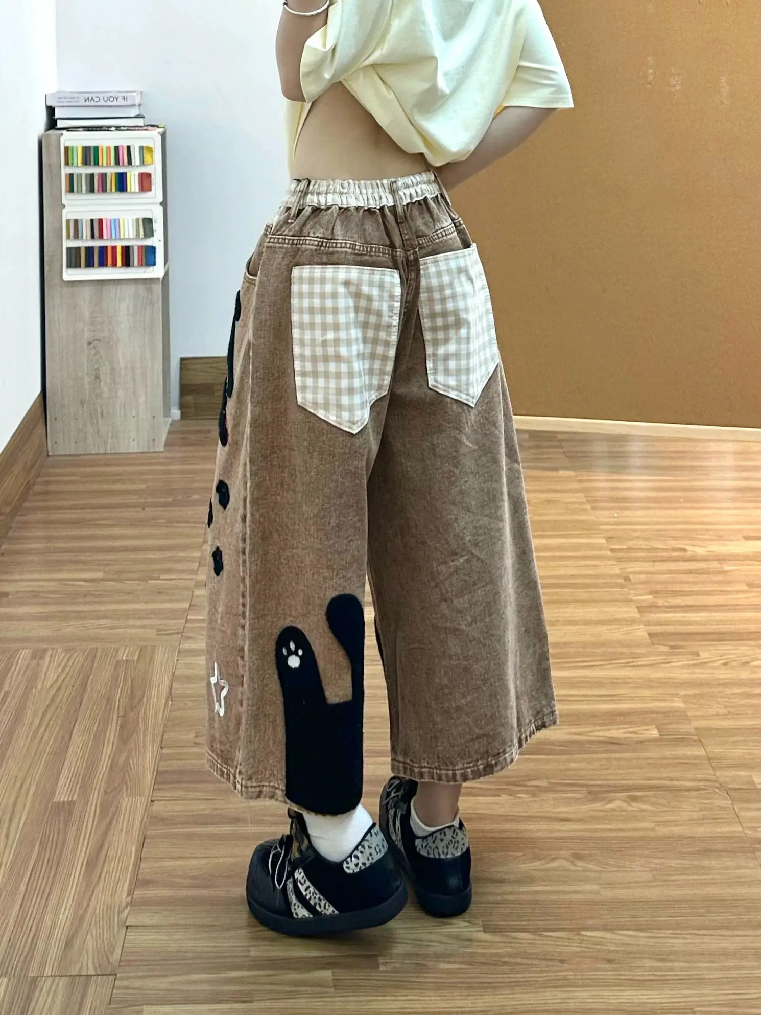 Y2K Cartoon Cat Towel Embroidered Denim Cropped Pants Loose Wide Leg Shorts Summer Trendy for Women
