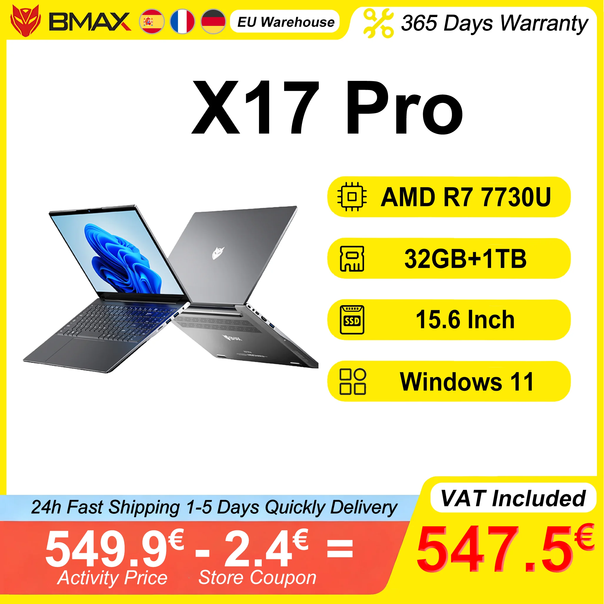 كمبيوتر محمول BMAX X17 Pro مقاس 15.6 بوصة عالي الدقة 32 جيجابايت رام 1 تيرابايت SSD AMD Ryzen 7 7730U Windows 11 Gaming and Business BT WiFi Type-C Notebook