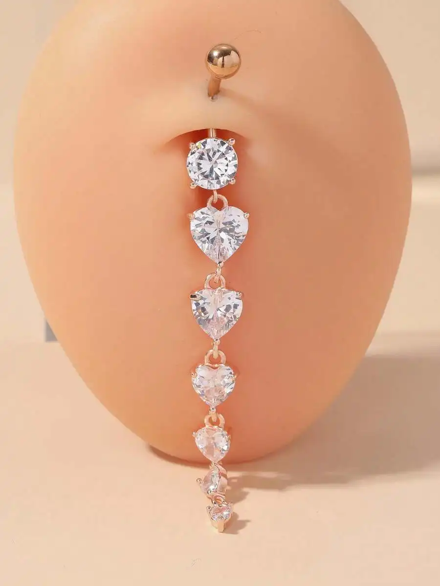 

Vertical Heart-Shaped Crystal Dangle Belly Ring With Multi-Tiered Pave Stones For Navel Piercing Jewelry
