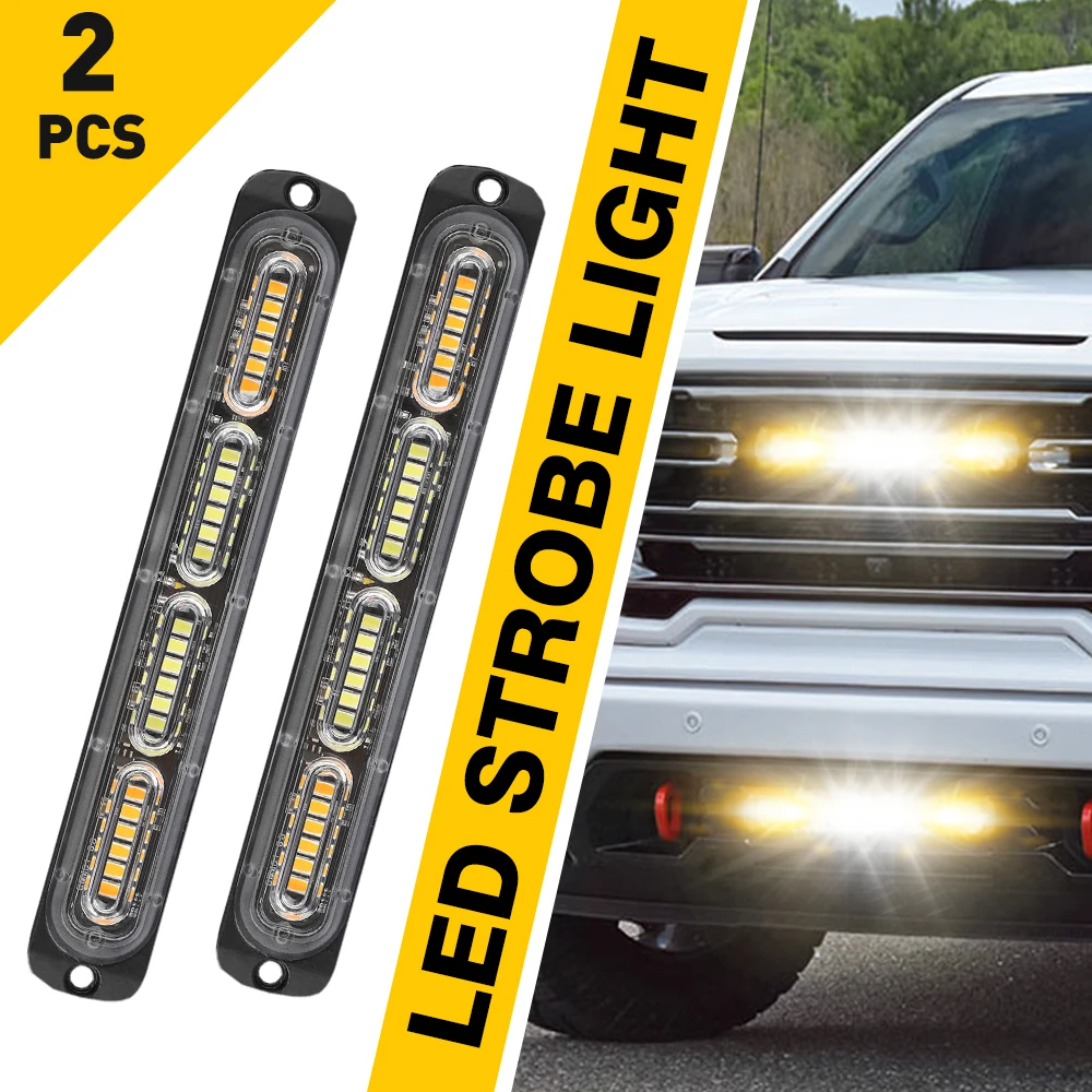 2PCS Amber/White 24LED 12-24V Car Truck Boat Warning Hazard Flashing Beacon Strobe Light Bar Emergency Flasher Signal Lighting