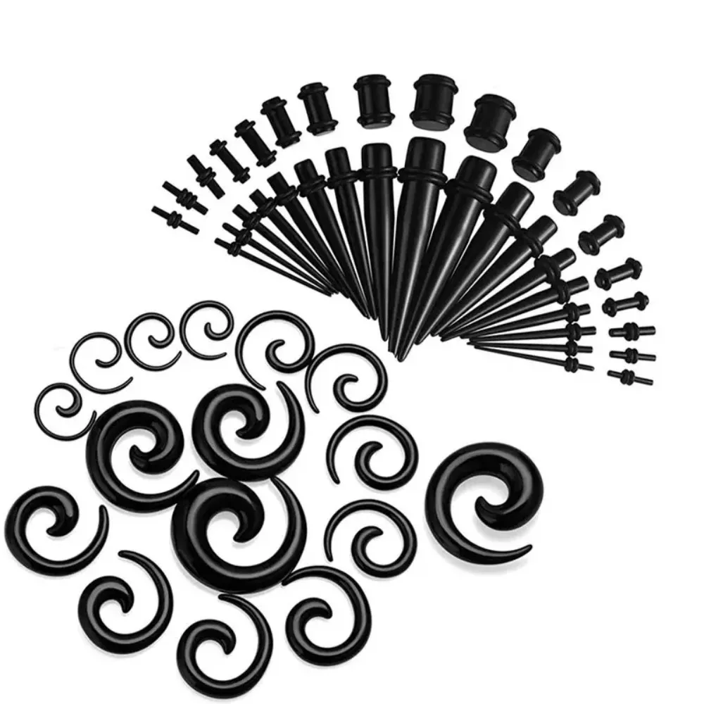 Y2K 18 Stück-54 Stück/Set Ohrkegel-Set, schwarzes Ohr-Spiral-Expander-Stecker-Set, Ohrpiercing, Starter, Keilrahmen, Körperschmuck, 1,6 mm–10 mm