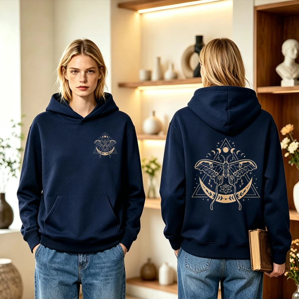 Vintage Triangle Crescent Moon Death Moth Graphic Hoodie Men Women Witchy Mystical Insect Front Back Hooded Sweatshirt Pullover