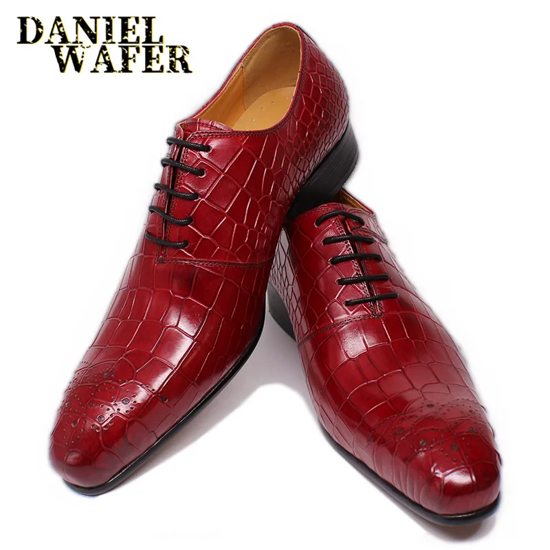 

Men's Luxury Brand Shoes Real Leather Black Red Crocodile Print Lace Up Pointed Toe Office Wedding Formal Dress Oxford Men Shoes