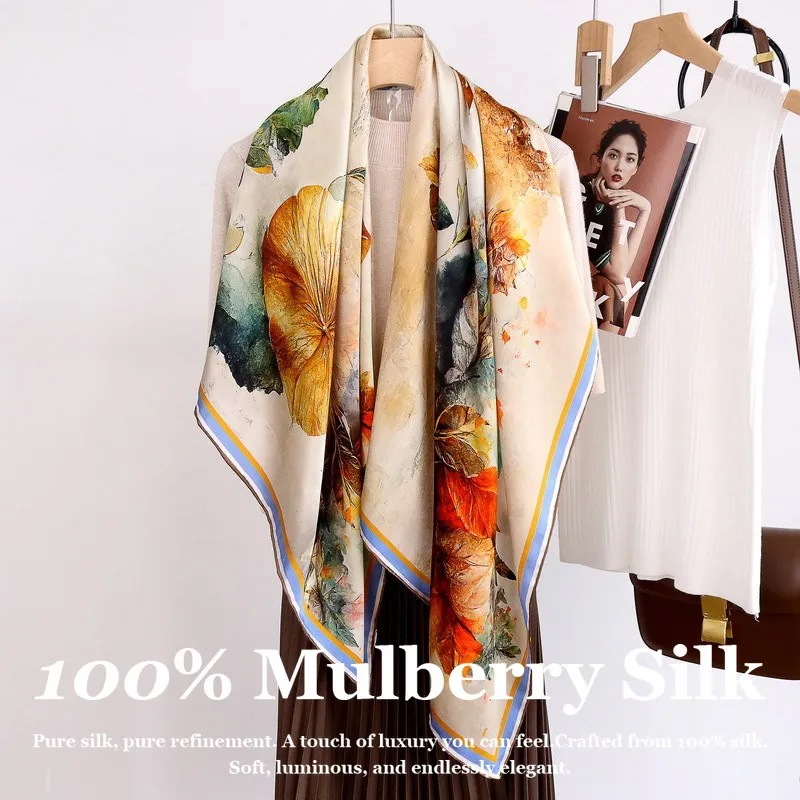 

Новый модный шелковый платок 2026 года, 110 см, большой квадратный, из 100% натурального шелка тутового шелкопряда, с ручной подгибкой края, с цветочным принтом, шаль, хиджаб, пашмина, пончо
